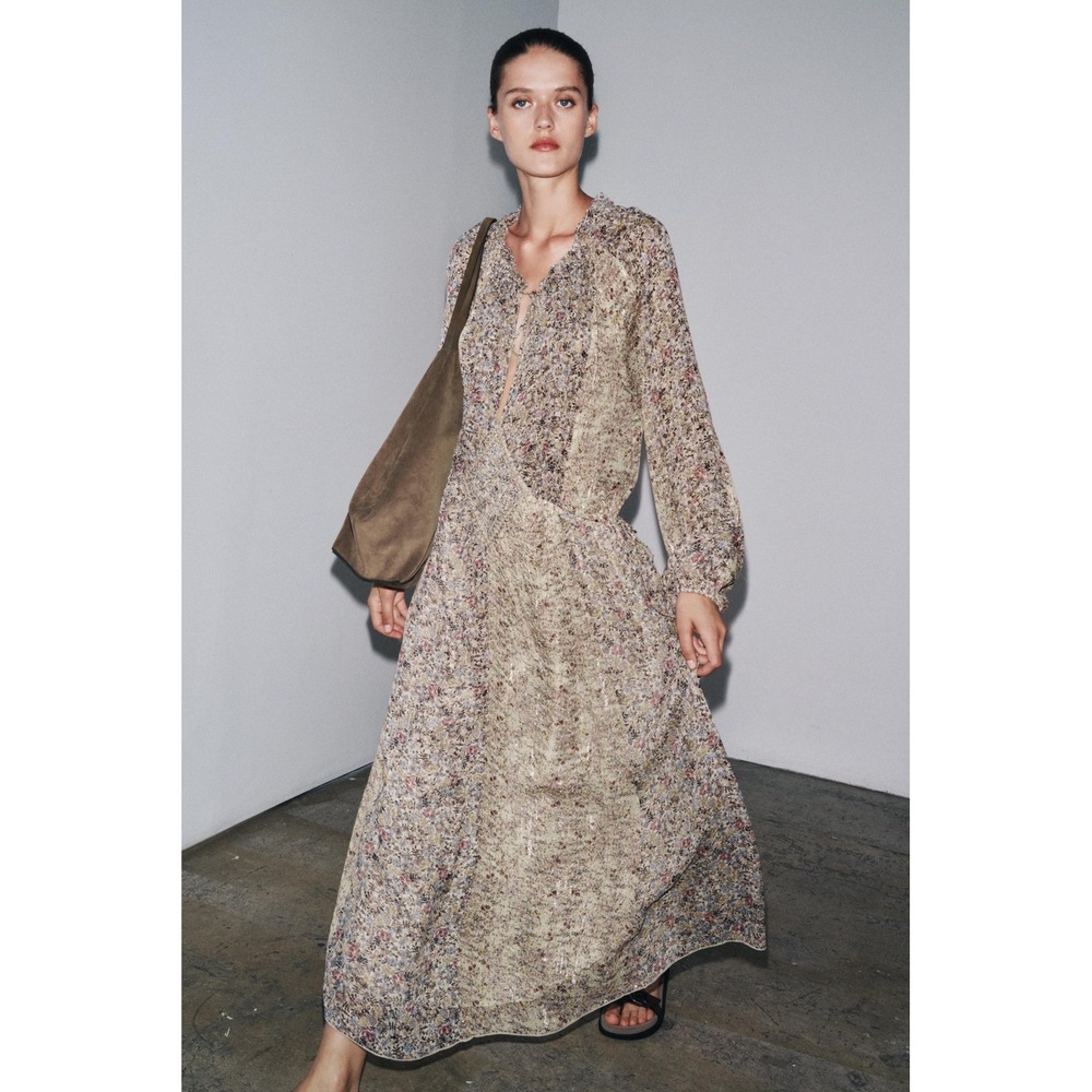 Zara ZW Women Floral Metallic Lurex Sequin Diamond Midi Dress Boho Multi Color M - Picture 5 of 8
